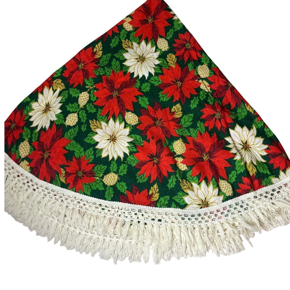 Vtg Poinsettia Print Mid Century Christmas Tablecloth Fringe 60s red Green